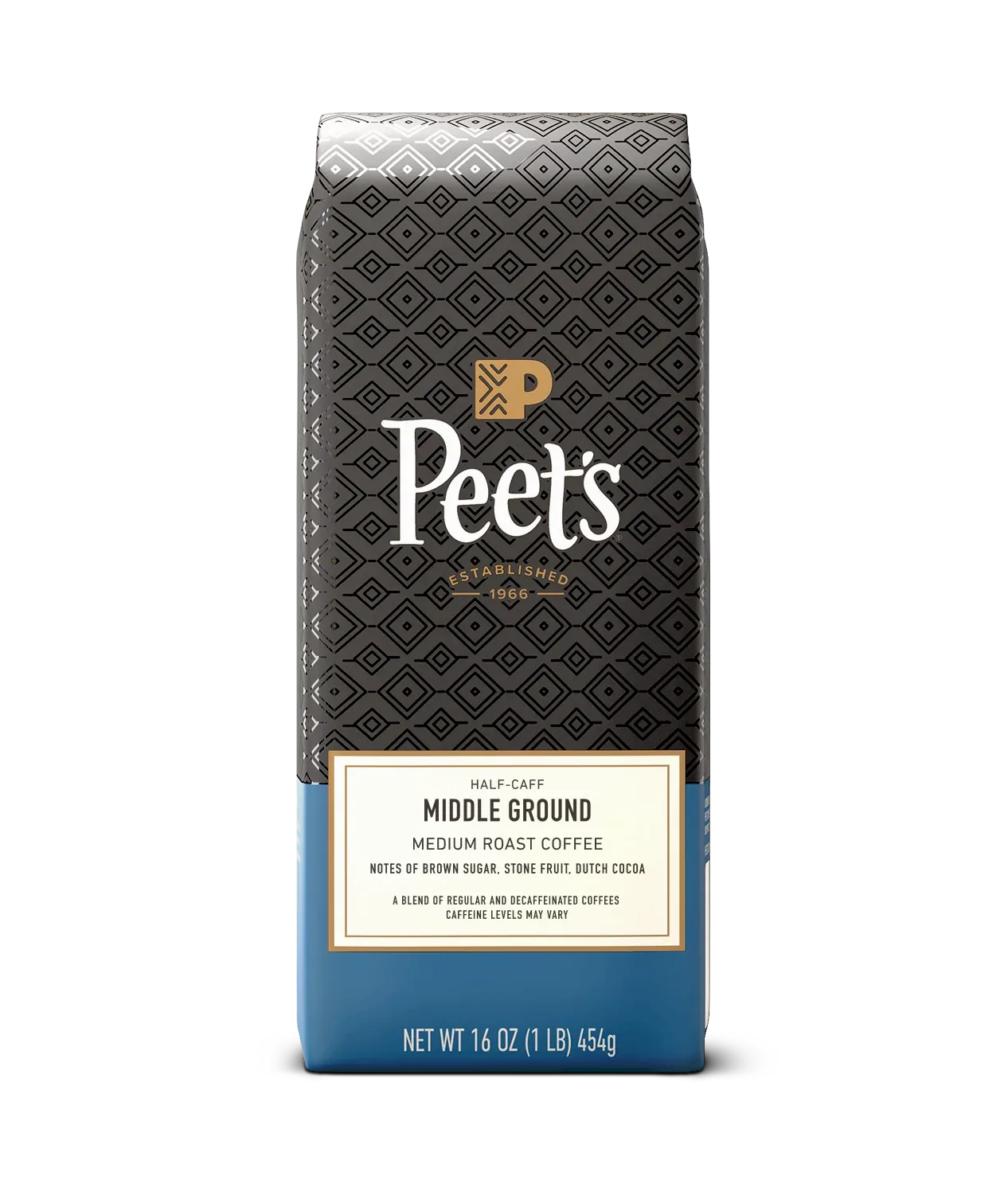 Peet's Coffee Middle Ground medium roast half-caff coffee 16 oz coffee in a blue bag