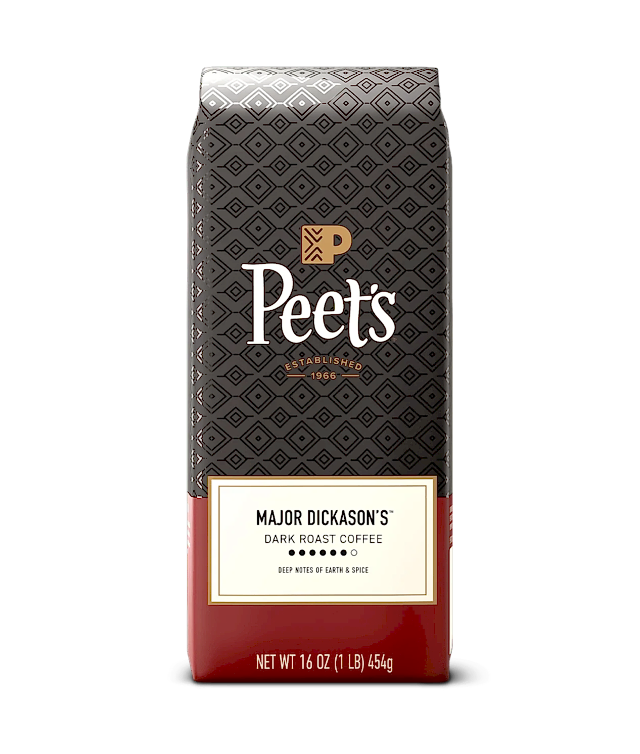 Peet's coffee Major Dickason's  bag with a geometric pattern on a green background