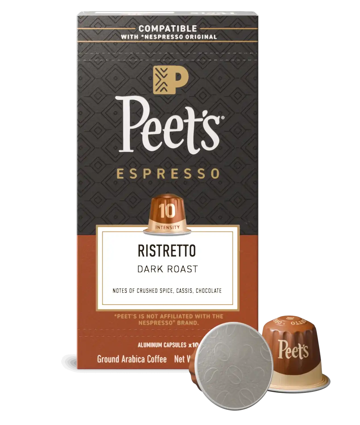 Peet's Espresso Ristretto coffee capsule packaging with a single capsule on a white background