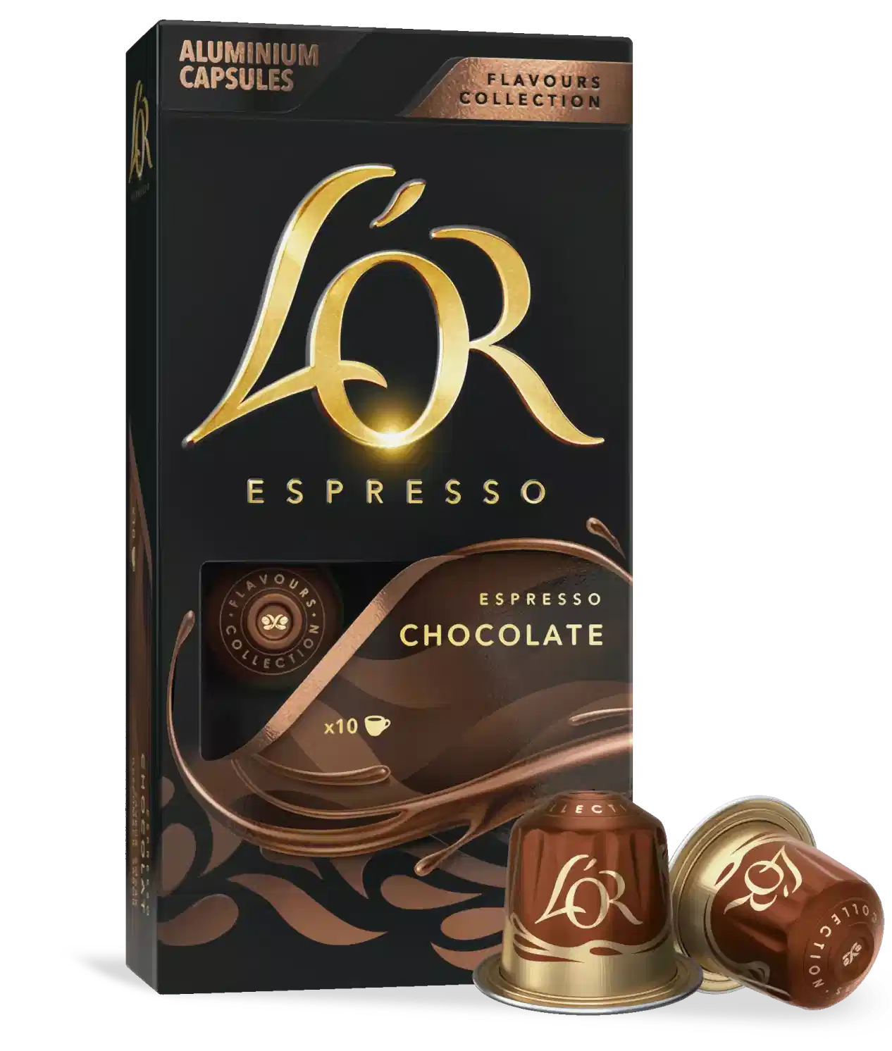 LöR Espresso chocolate capsules packaging with two capsules on a white background