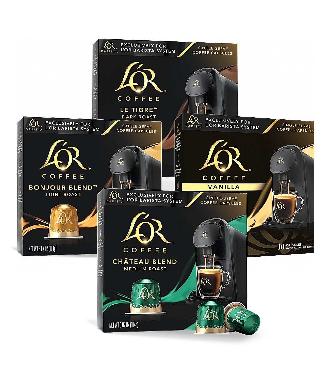 Four boxes of L'OR Coffee capsules with different blends on a white background