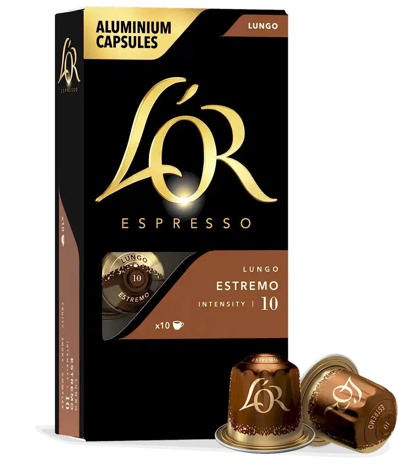 LöR Espresso capsules packaging with gold and black design