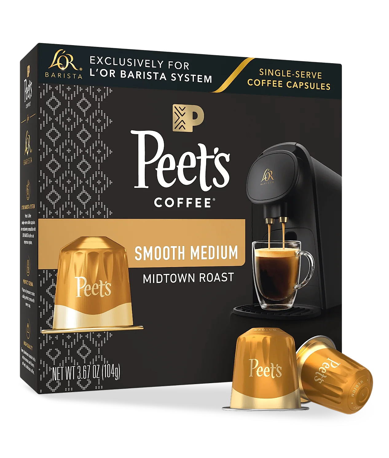 Peet's Coffee single-serve coffee capsules packaging with two capsules in front